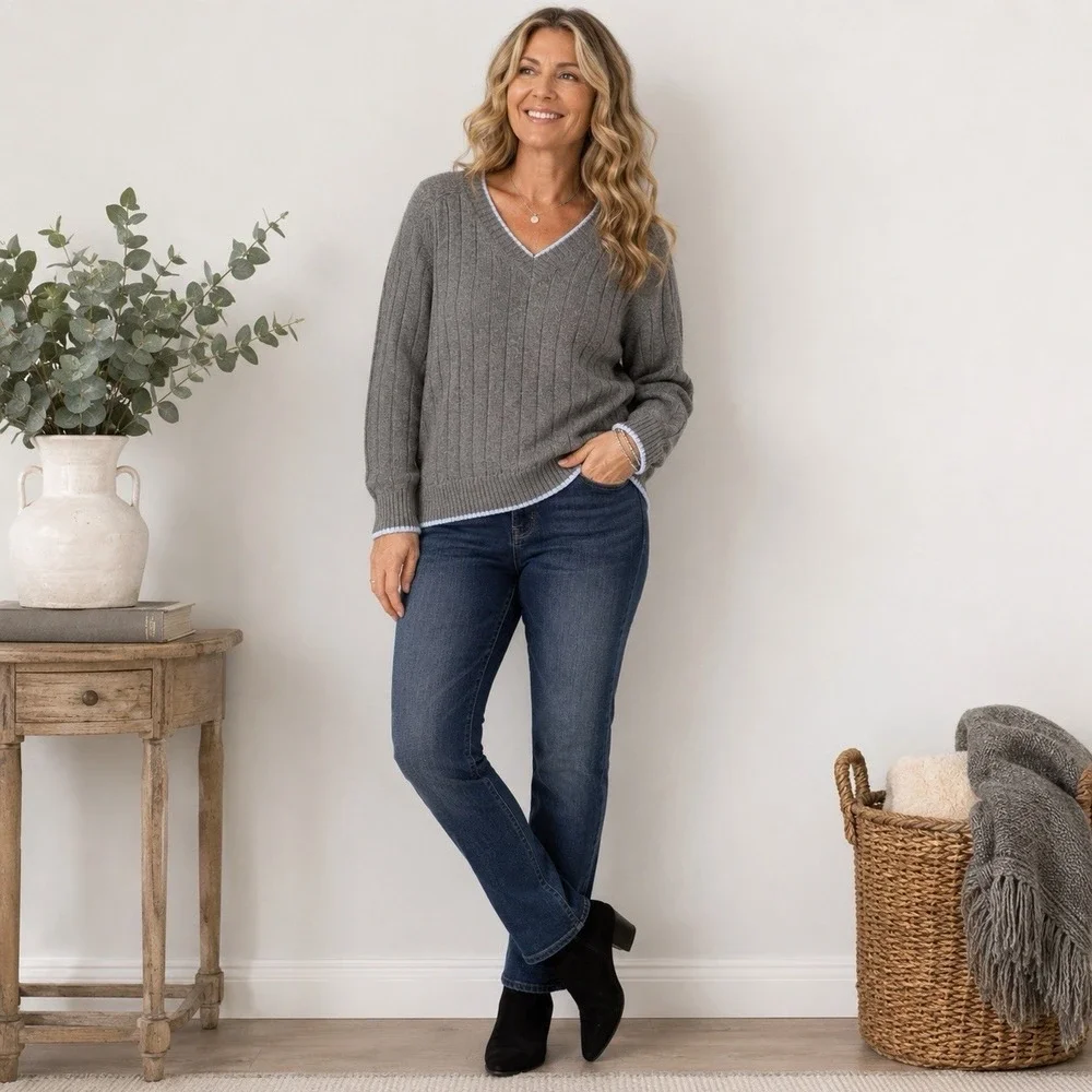 Riccardo Piacenza Pure Cashmere Sweater XL Gray Ribbed V Neck Quiet Luxury
